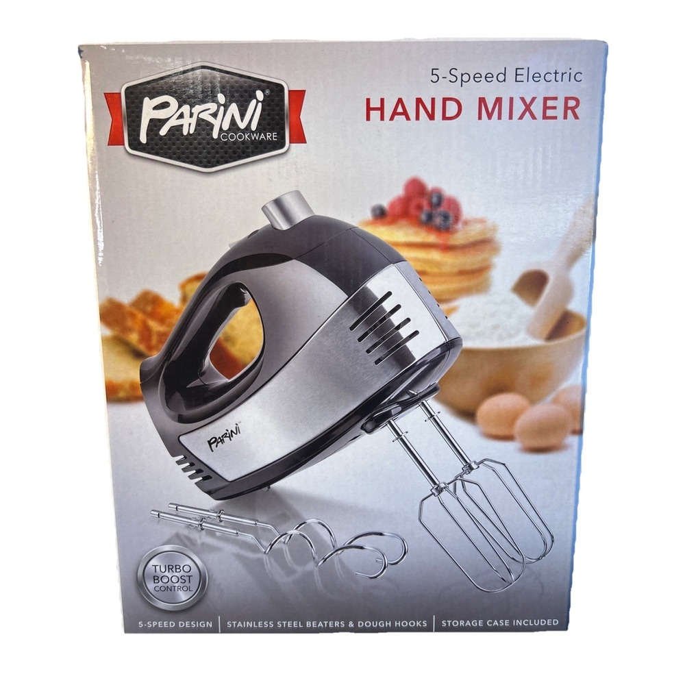 Parini Hand Mixer Kitchen OS Black NEW 5-Speed Electric Turbo Boost Storage Case
